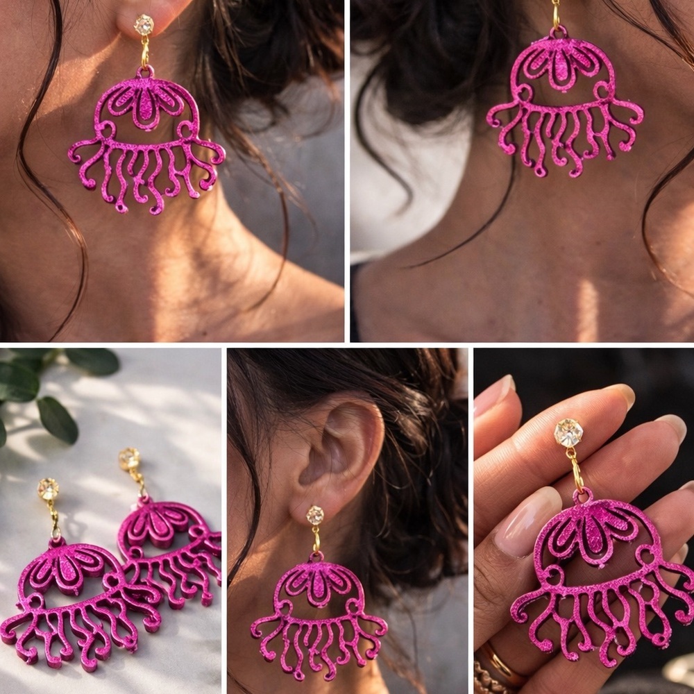 Burgundy and Gold Color Shift Jellyfish Earrings - Picture 3 of 6